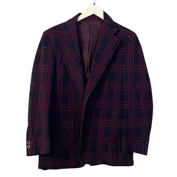 Vintage Burgundy Navy Blue Plaid Blazer Jacket, Size 40R